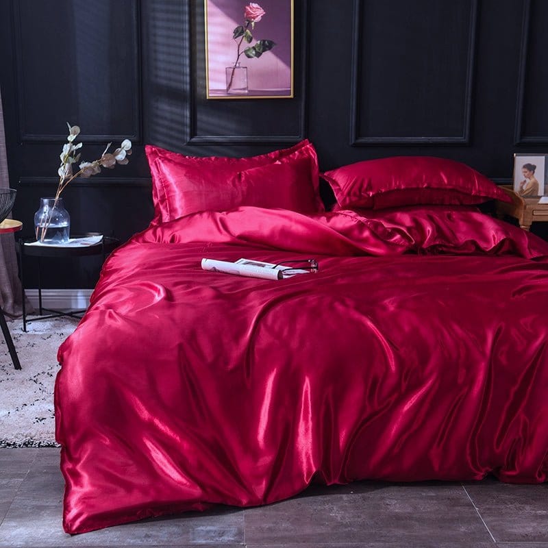 Parure de lit Rouge type satin - Drap housse / Housse de couette / 2 taies d'oreiller La Maison des Housses