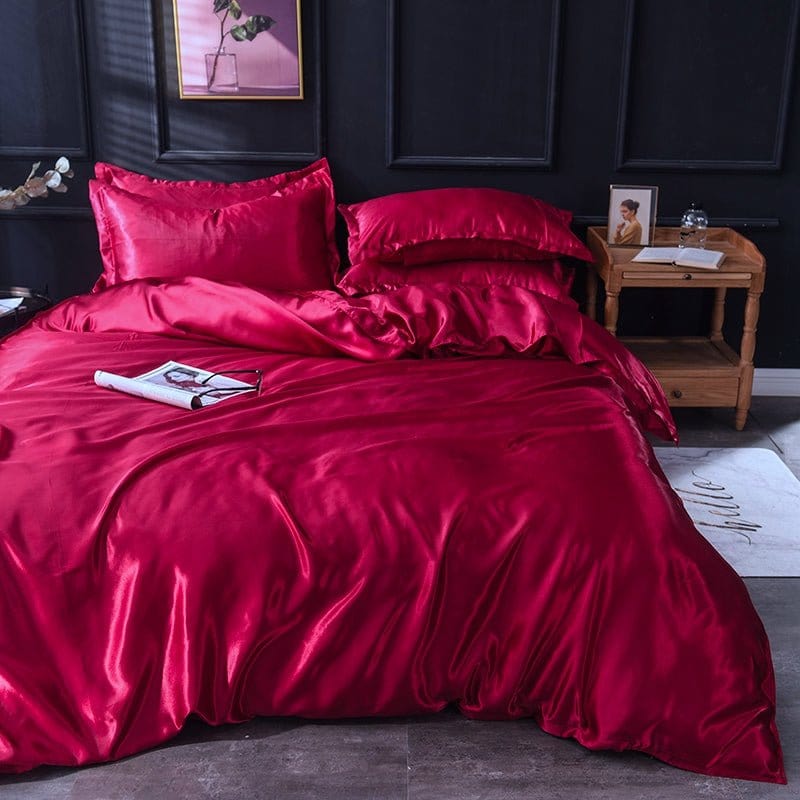 Parure de lit Rouge type satin - Drap housse / Housse de couette / 2 taies d'oreiller La Maison des Housses