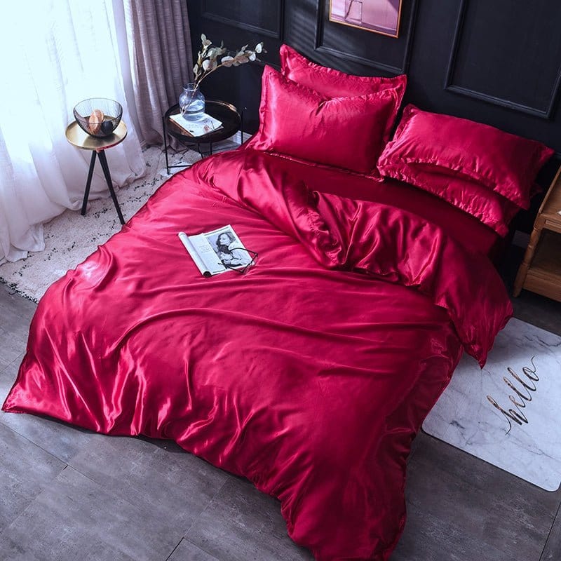 Parure de lit Rouge type satin - Drap housse / Housse de couette / 2 taies d'oreiller La Maison des Housses