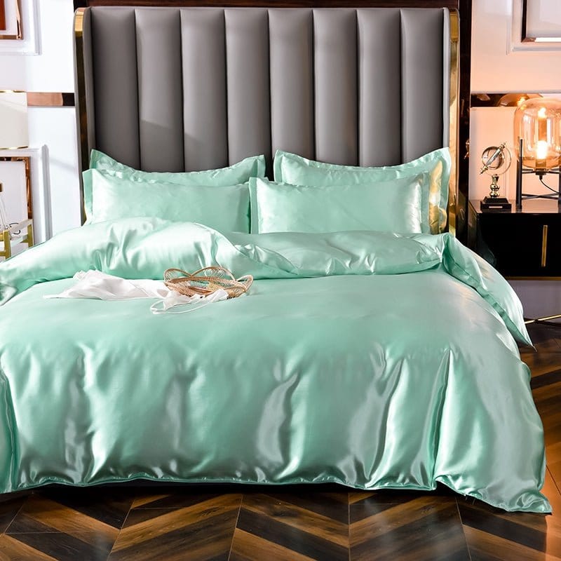 Parure de lit Vert opaline type satin - Drap housse / Housse de couette / 2 taies d'oreiller La Maison des Housses