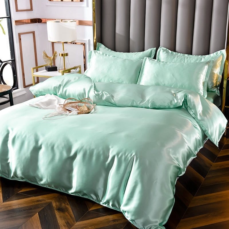 Parure de lit Vert opaline type satin - Drap housse / Housse de couette / 2 taies d'oreiller La Maison des Housses