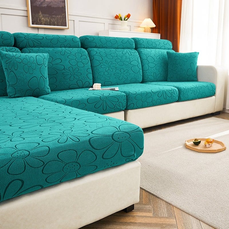 Vert jade - Housse polaire pour Coussin d'assise et dossier de Canapé - Motif Flower La Maison des Housses