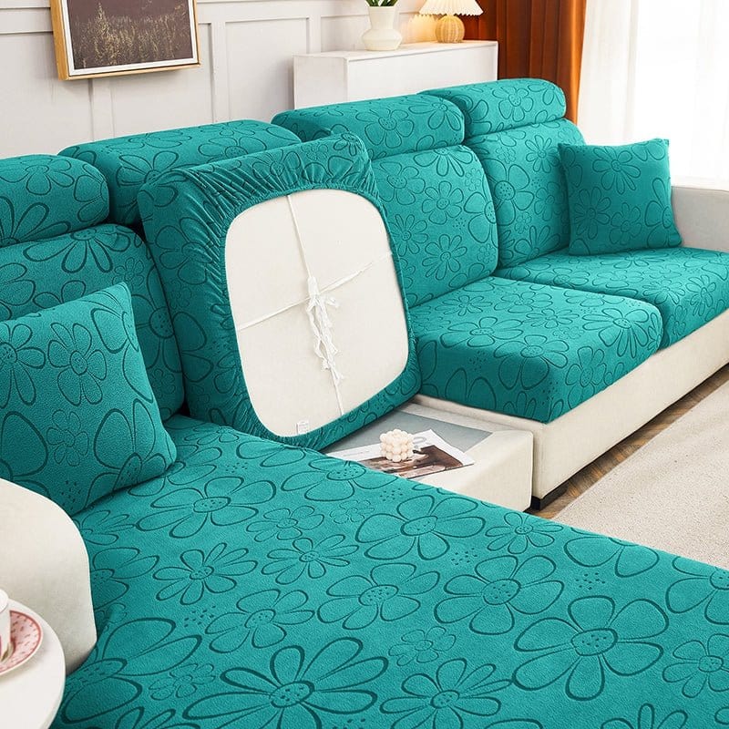 Vert jade - Housse polaire pour Coussin d'assise et dossier de Canapé - Motif Flower La Maison des Housses