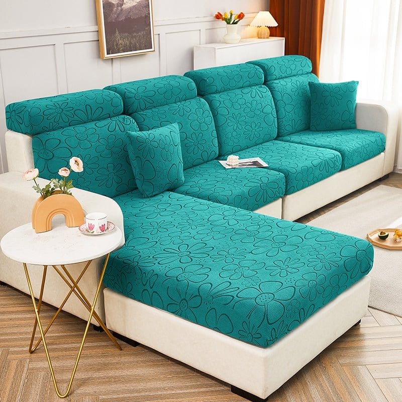 Vert jade - Housse polaire pour Coussin d'assise et dossier de Canapé - Motif Flower La Maison des Housses