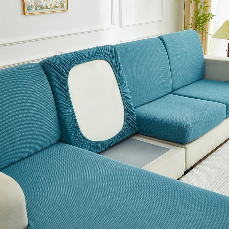 Housse de coussin de canapé déperlante, Bleu pétrole, posée sur les coussins d'assise et de dossier d'un canapé — vue 5