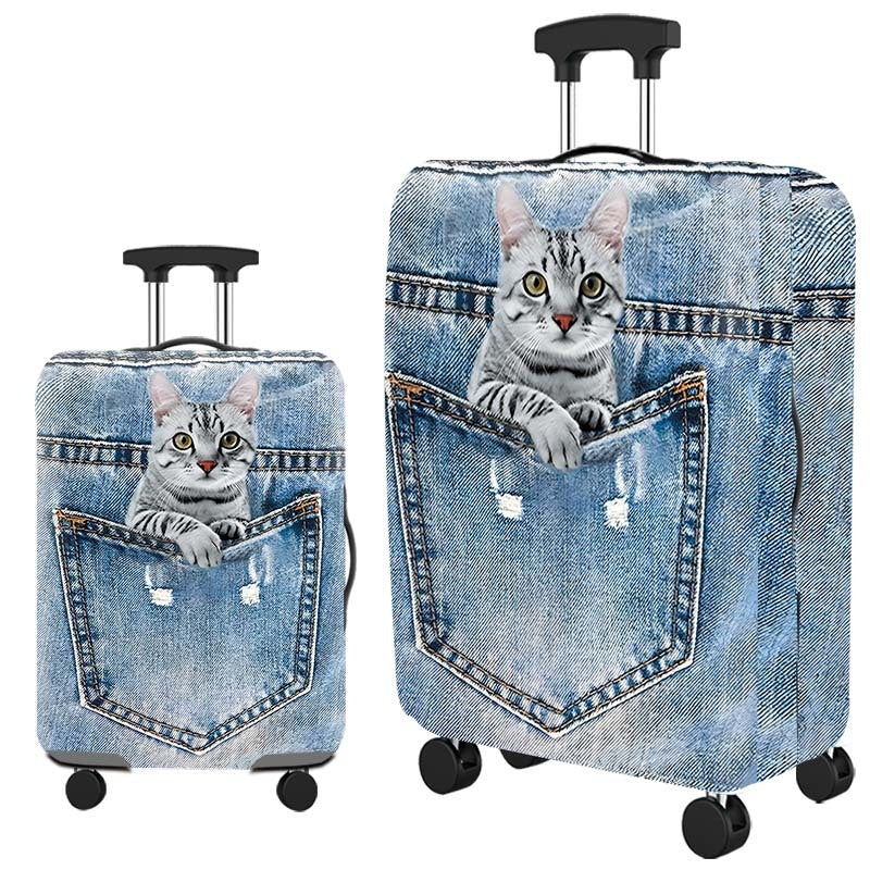 Housse de valise, motif chaton dans une poche de jean