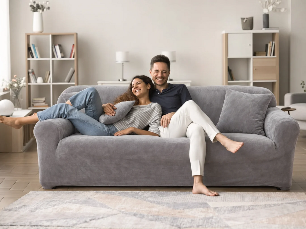 Salon familial avec un canapé habillé d'une housse beige
