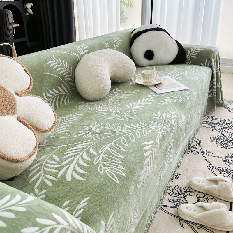 Jeté de canapé tissé Vert rameaux blancs, posé et drapé sur un canapé — vue 5