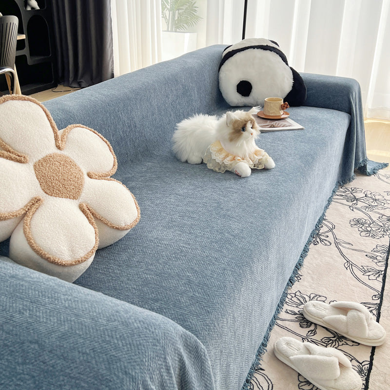 Jeté de canapé tissé Bleu denim, posé et drapé sur un canapé — vue 2