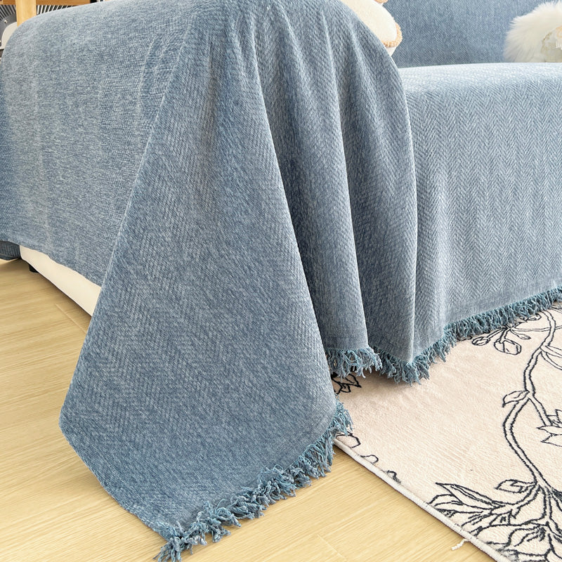 Jeté de canapé tissé Bleu denim, posé et drapé sur un canapé — vue 3