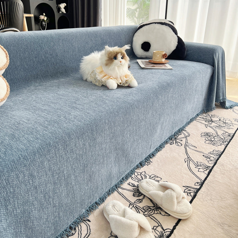 Jeté de canapé tissé Bleu denim, posé et drapé sur un canapé — vue 4