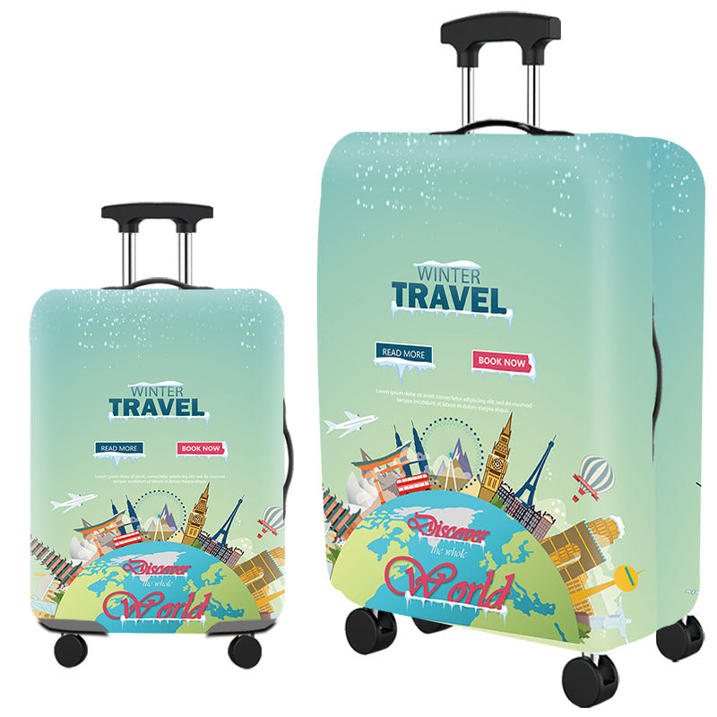 Housse de valise, motif globe et monuments sur vert d'eau
