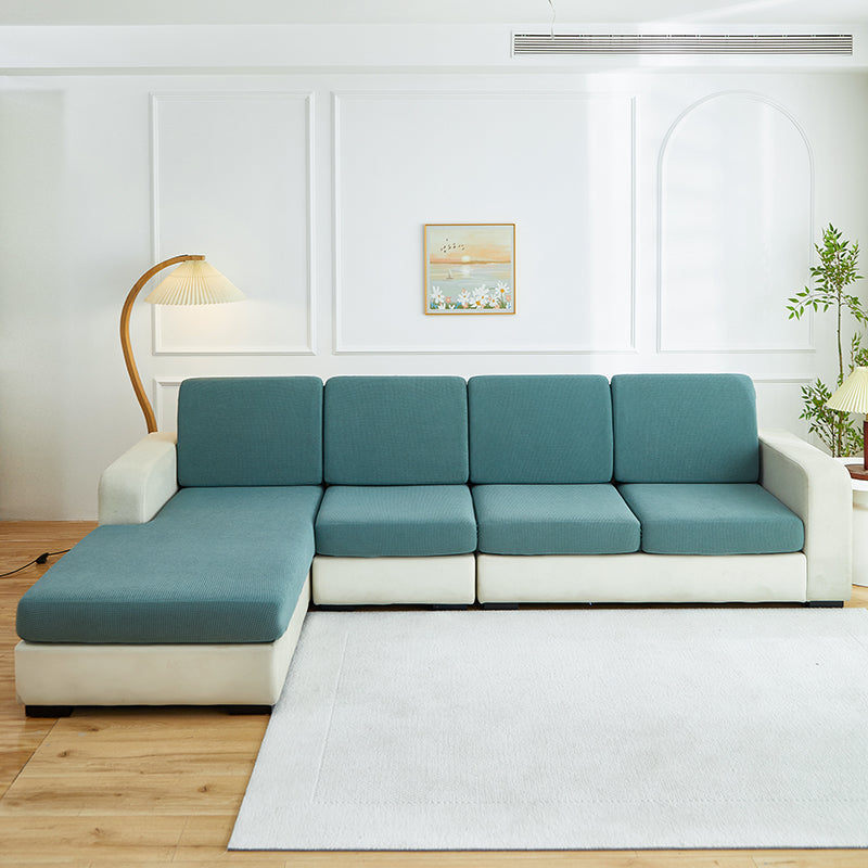 Housse de coussin de canapé déperlante, Vert-de-gris, posée sur les coussins d'assise et de dossier d'un canapé