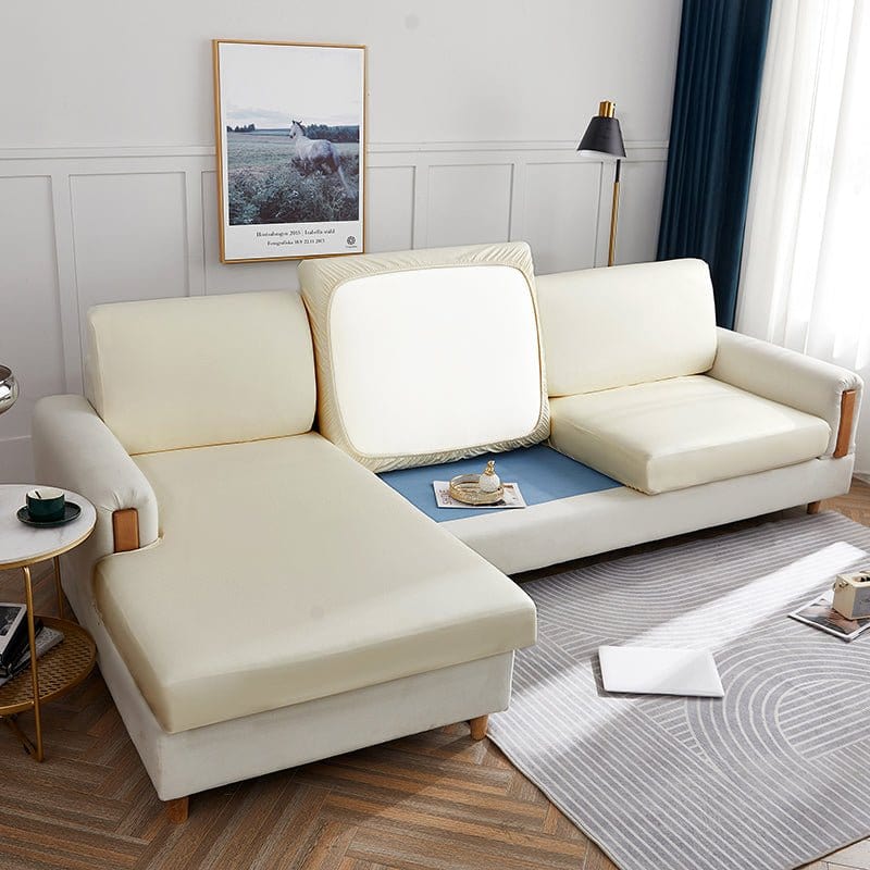 Housse de coussin de canapé en simili cuir, Ivoire, posée sur les coussins d'assise et de dossier d'un canapé — vue 3