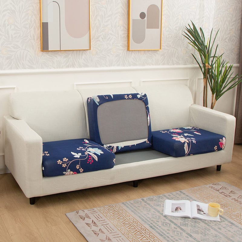 Housse de coussin de canapé extensible, Bleu marine fleurs roses, posée sur les coussins d'assise et de dossier d'un canapé — vue 2