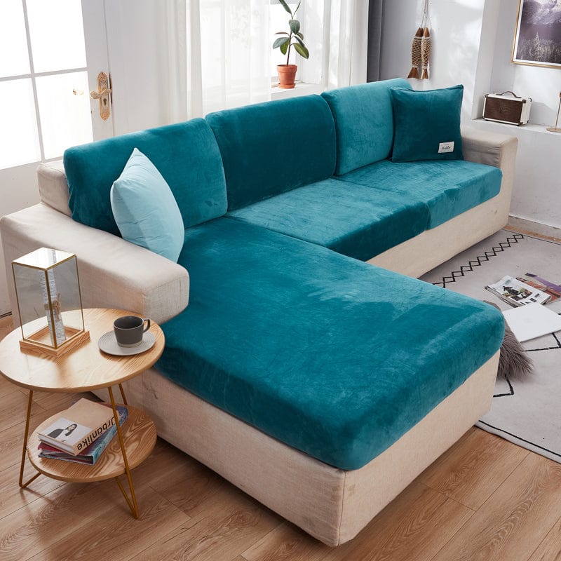 Housse de coussin de canapé en velours, Bleu paon, posée sur les coussins d'assise et de dossier d'un canapé — vue 2