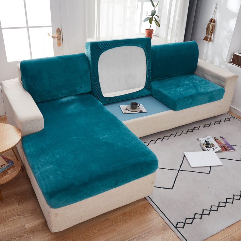 Housse de coussin de canapé en velours, Bleu paon, posée sur les coussins d'assise et de dossier d'un canapé — vue 4
