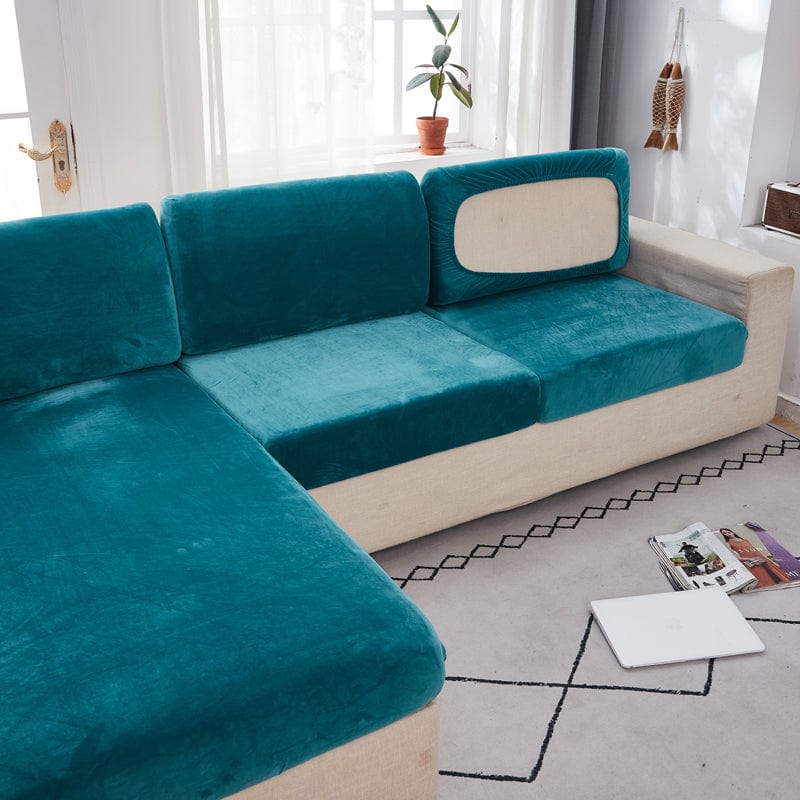 Housse de coussin de canapé en velours, Bleu paon, posée sur les coussins d'assise et de dossier d'un canapé — vue 3