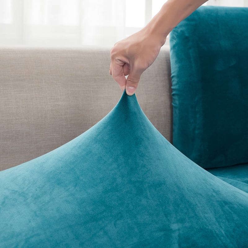Housse de coussin de canapé en velours, Bleu paon, posée sur les coussins d'assise et de dossier d'un canapé — vue 6