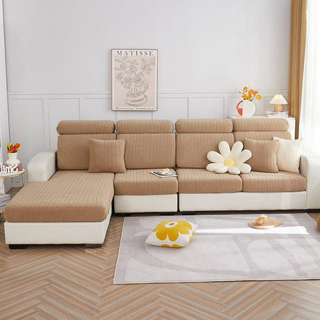Housse de coussin de canapé polaire, Café épis, posée sur les coussins d'assise et de dossier d'un canapé