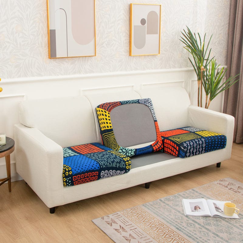 Housse de coussin de canapé extensible, Marine carrés graphiques, posée sur les coussins d'assise et de dossier d'un canapé — vue 2
