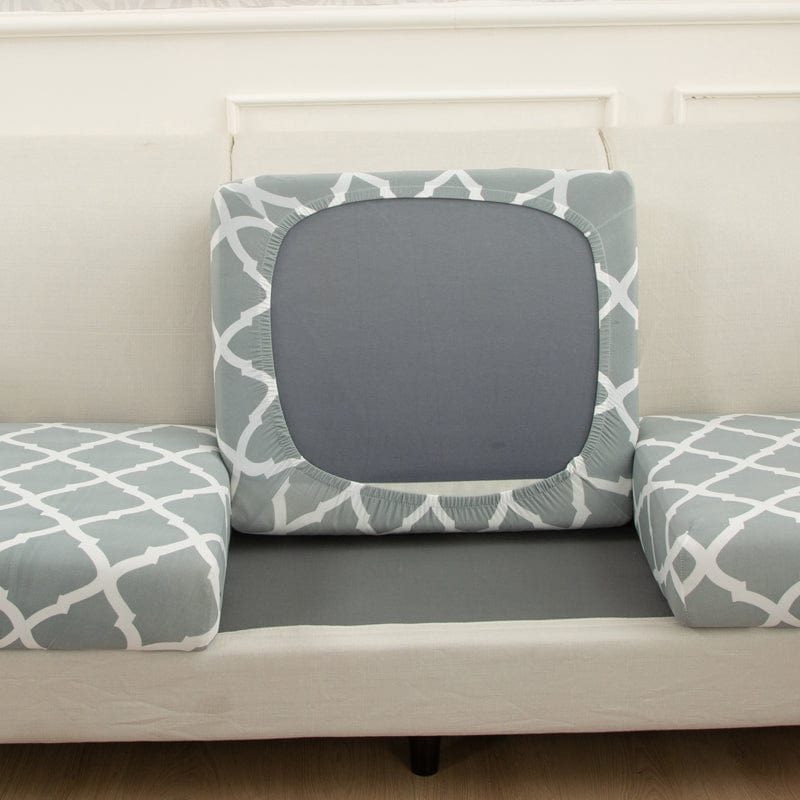 Housse de coussin de canapé extensible, Vert d'eau treillis, posée sur les coussins d'assise et de dossier d'un canapé — vue 3