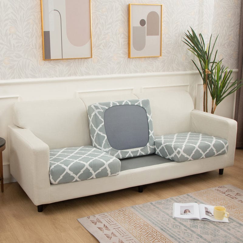Housse de coussin de canapé extensible, Vert d'eau treillis, posée sur les coussins d'assise et de dossier d'un canapé — vue 2
