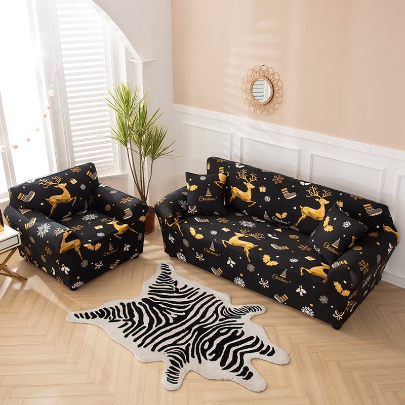 Housse de canapé extensible de Noël, Noir rennes dorés — vue 2