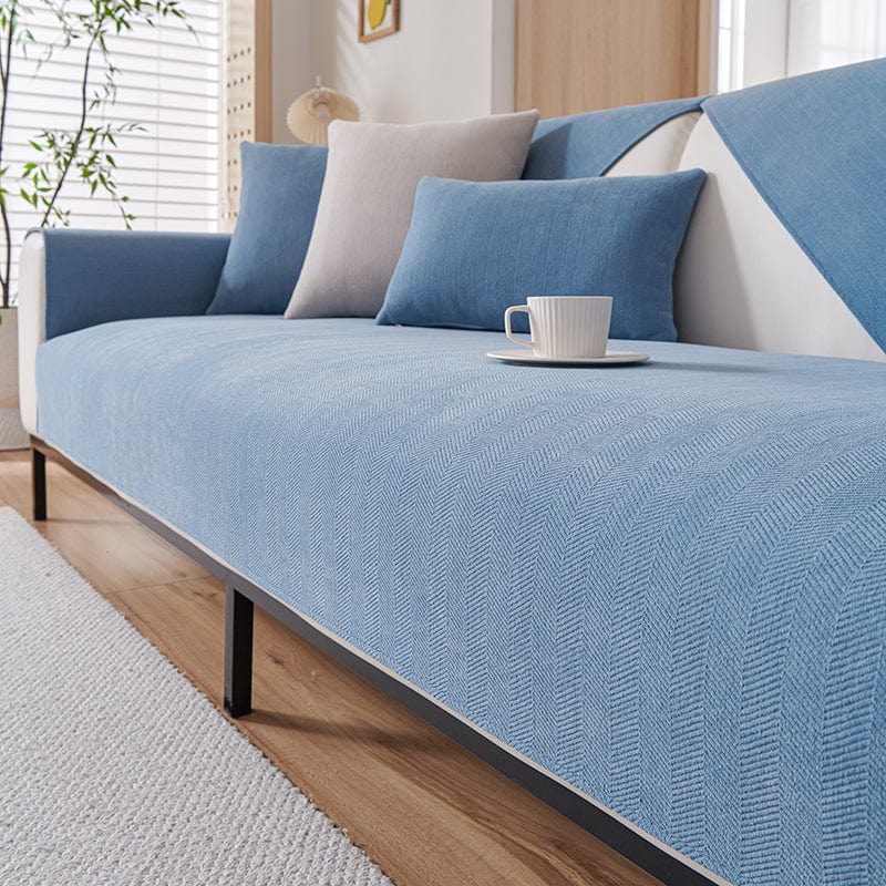 Housse de canapé EasyCover chenille, Bleu chenille, posée sur un canapé — vue 3