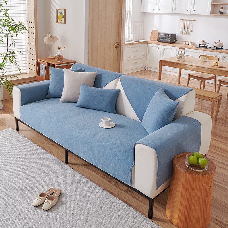 Housse de canapé EasyCover chenille, Bleu chenille, posée sur un canapé — vue 2