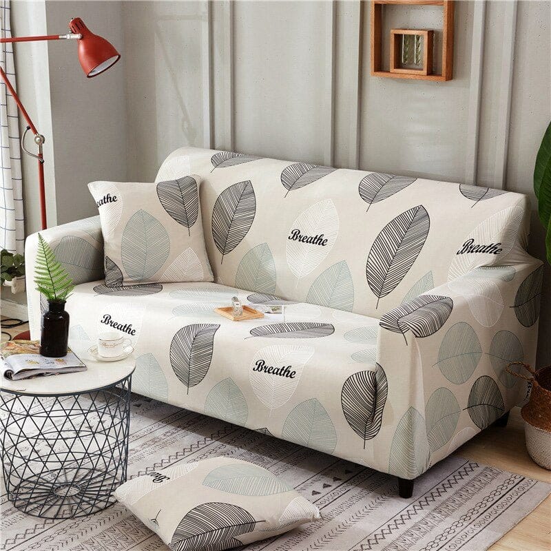 Housse de canapé extensible Écru feuillage gris