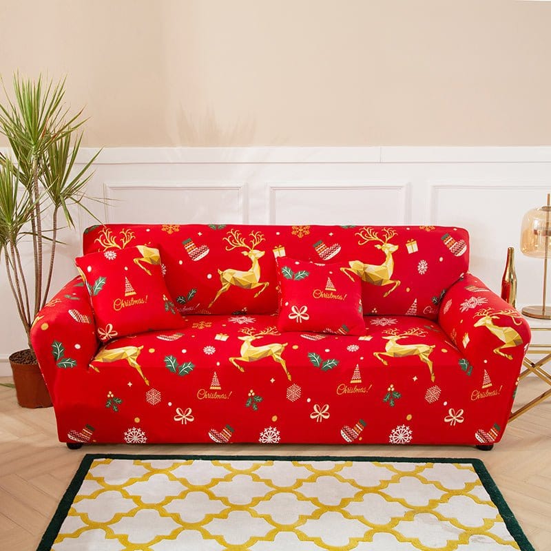 Housse de canapé extensible de Noël, Rouge rennes dorés