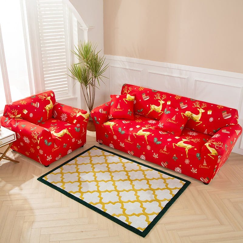 Housse de canapé extensible de Noël, Rouge rennes dorés — vue 2