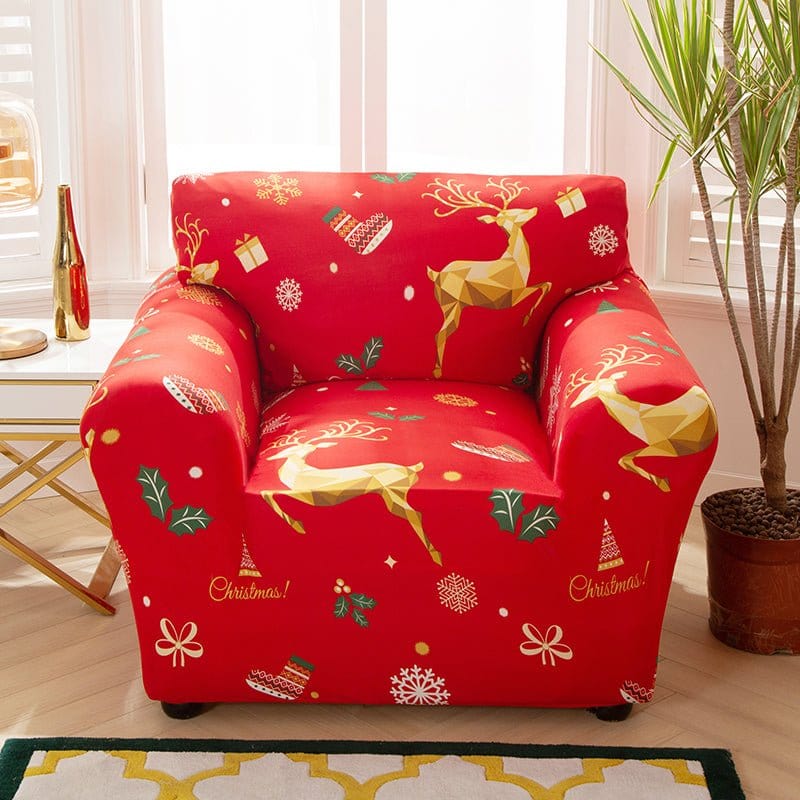 Housse de canapé extensible de Noël, Rouge rennes dorés — vue 4
