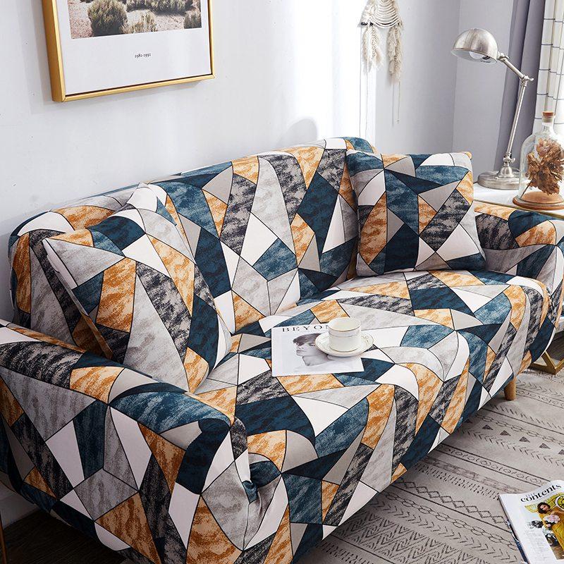 Housse de canapé extensible Géométrique ocre et bleu — vue 2