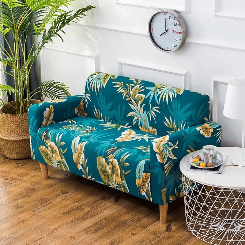Housse de canapé extensible Bleu canard feuillage doré — vue 2