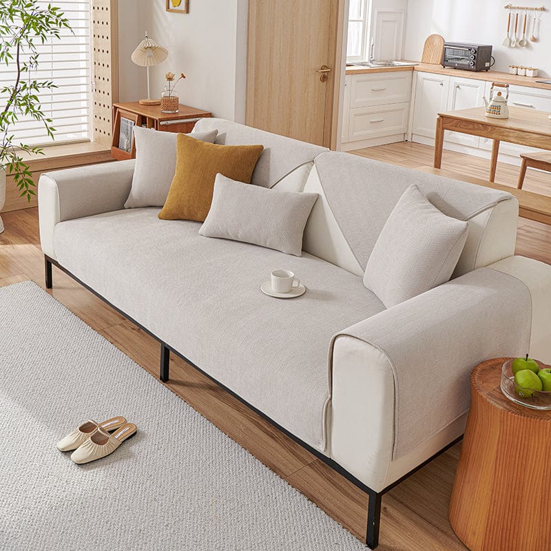 Housse de canapé EasyCover chenille, Écru, posée sur un canapé — vue 3