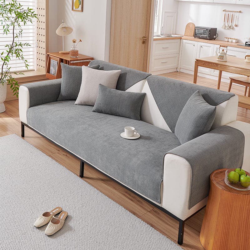Housse de canapé EasyCover chenille, Gris, posée sur un canapé — vue 2
