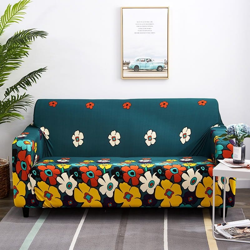 Housse de canapé extensible Bleu fleurs vives