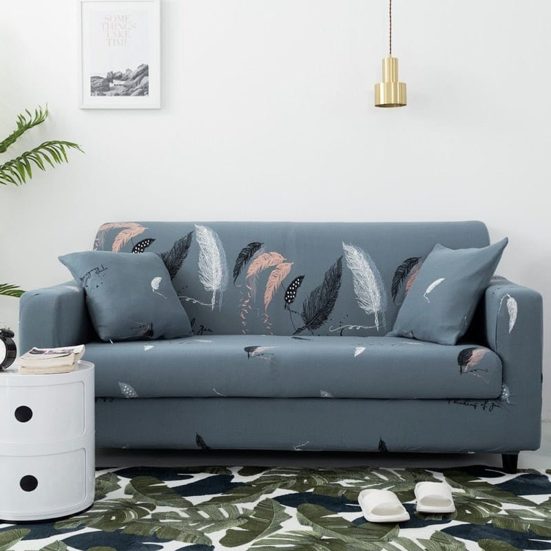 Housse de canapé extensible Bleu gris plumes