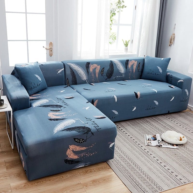 Housse de canapé extensible Bleu gris plumes — vue 2