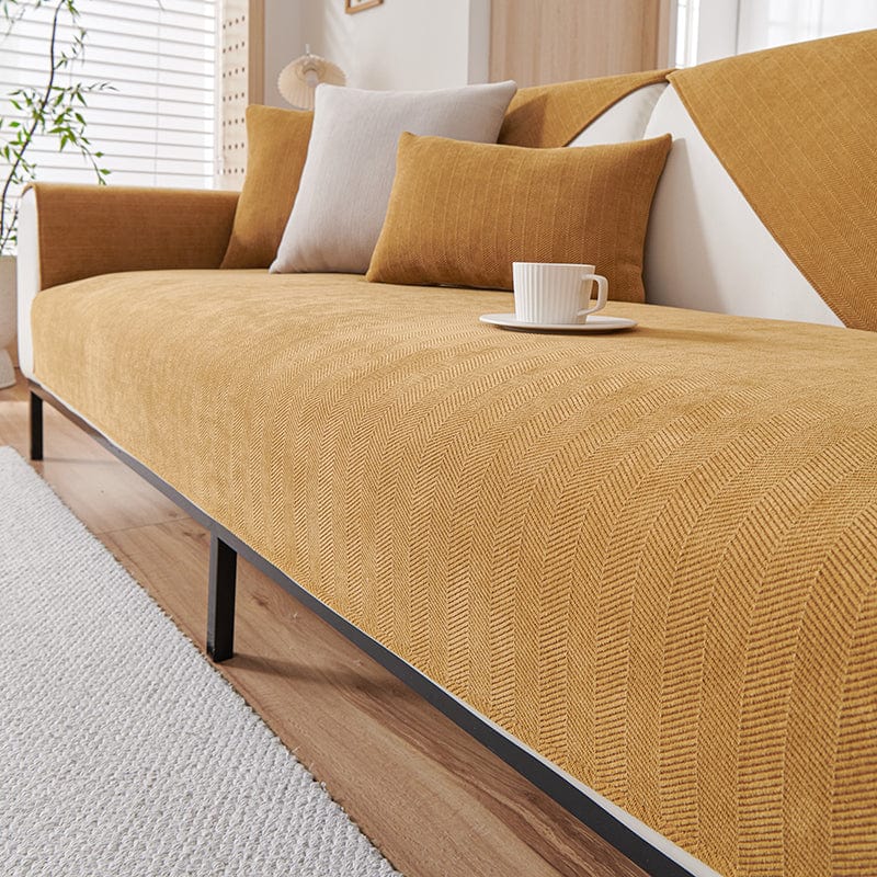 Housse de canapé EasyCover chenille, Camel, posée sur un canapé — vue 3