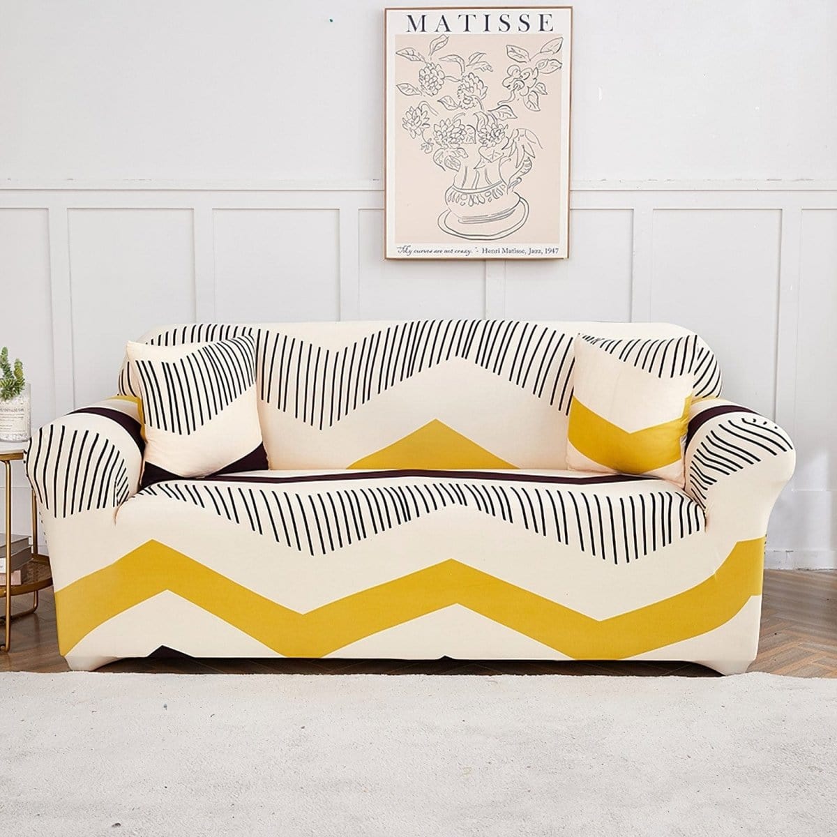 Housse de canapé extensible Écru chevrons jaunes