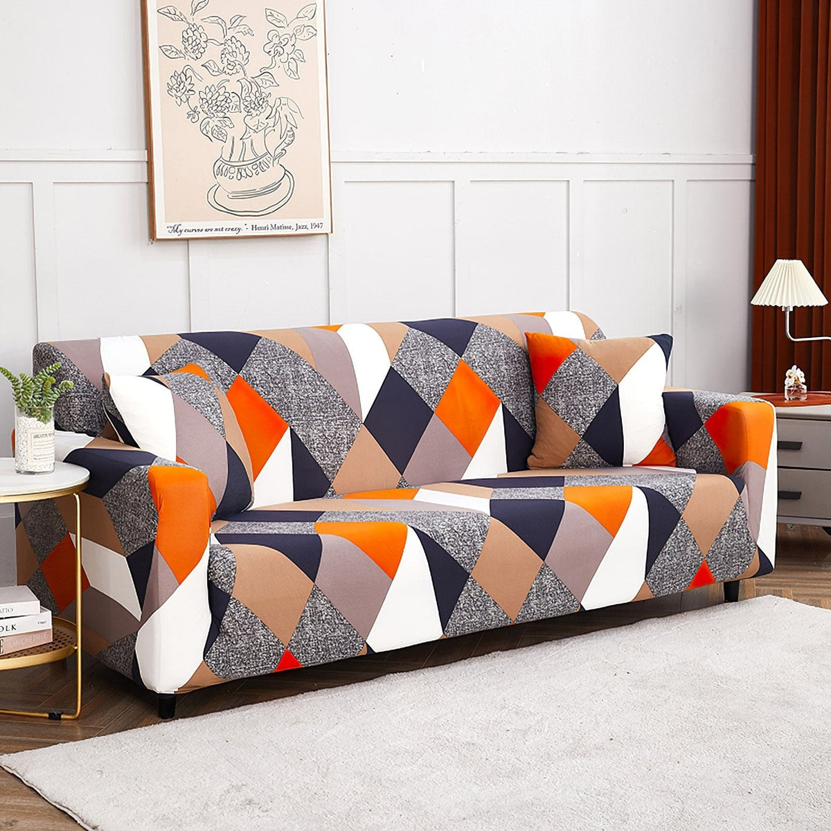 Housse de canapé extensible Patchwork orange et marine — vue 6