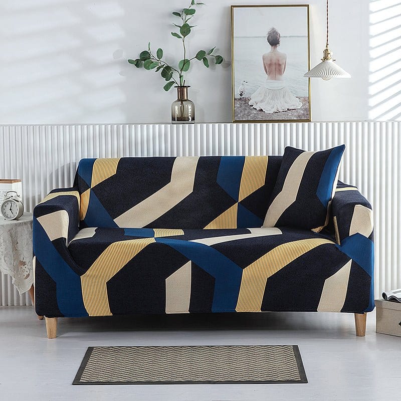 Housse de canapé extensible Géométrique bleu et sable