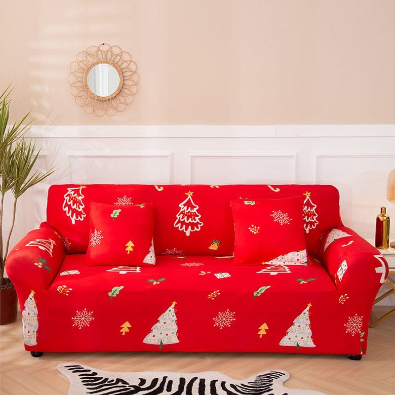 Housse de canapé extensible de Noël, Rouge sapin blanc