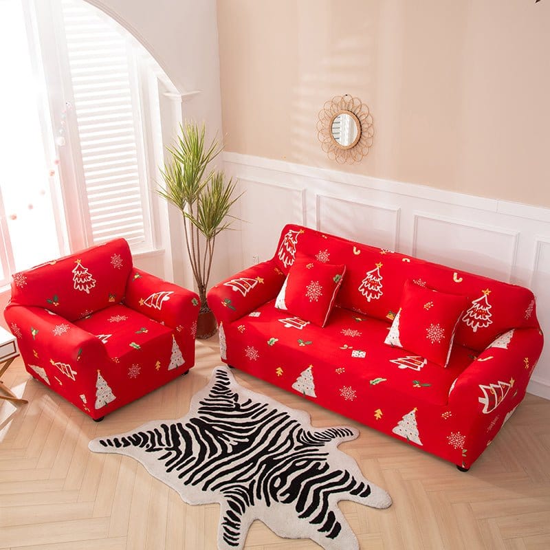 Housse de canapé extensible de Noël, Rouge sapin blanc — vue 2
