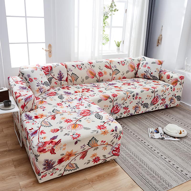 Housse de canapé extensible Écru fleuri rouge — vue 2