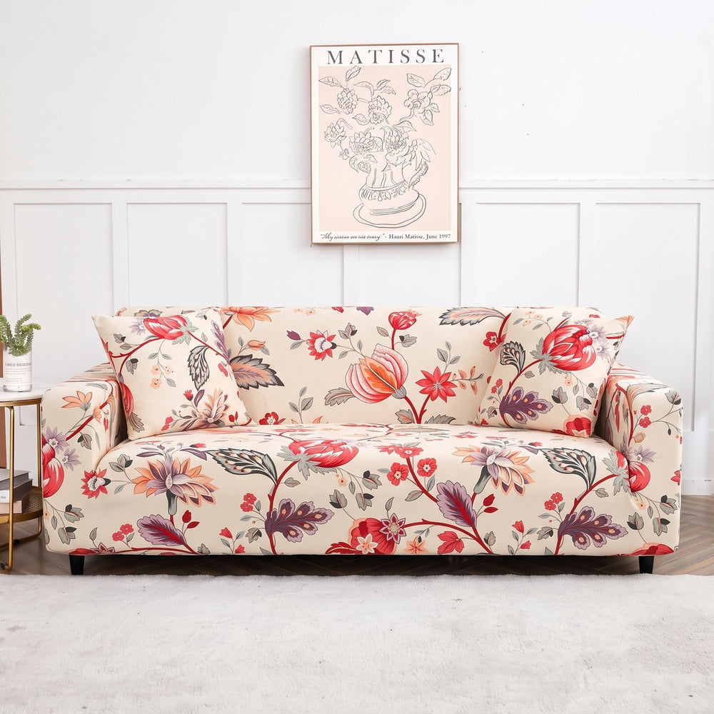 Housse de canapé extensible Écru fleuri rouge