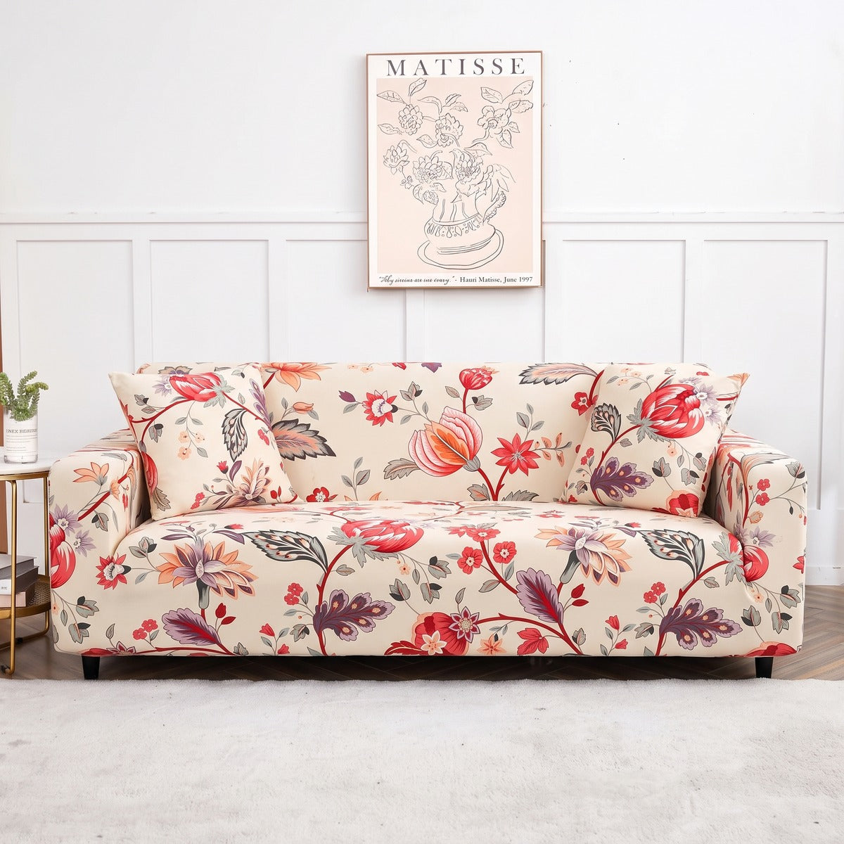 Housse de canapé extensible Écru fleuri rouge